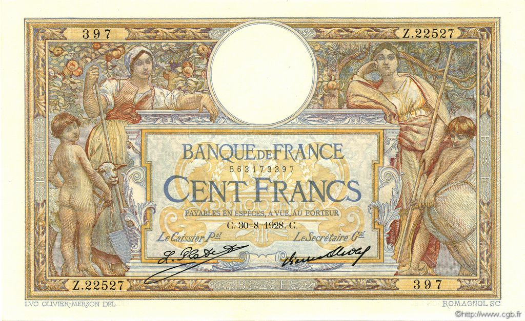 100 Francs LUC OLIVIER MERSON grands cartouches FRANCIA  1928 F.24.07 q.FDC