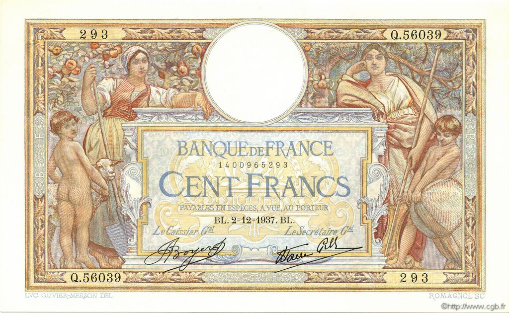 100 Francs LUC OLIVIER MERSON type modifié FRANCIA  1937 F.25.04 SC+
