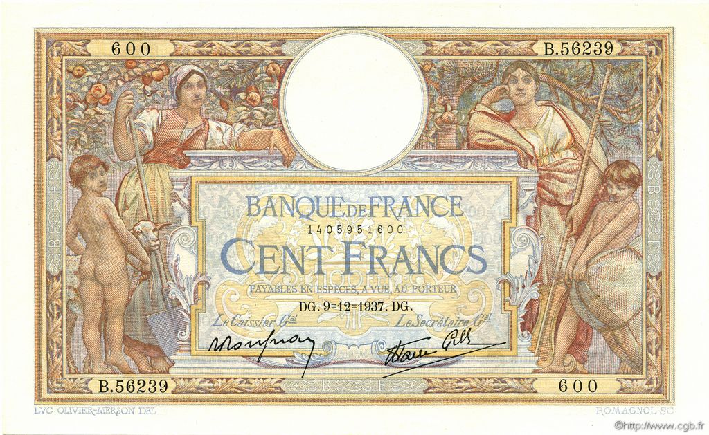 100 Francs LUC OLIVIER MERSON type modifié FRANCIA  1937 F.25.05 SPL+