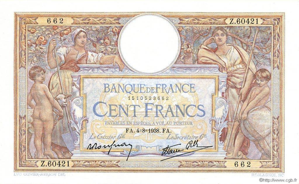 100 Francs LUC OLIVIER MERSON type modifié FRANCIA  1938 F.25.27 q.FDC