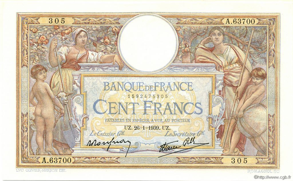 100 Francs LUC OLIVIER MERSON type modifié FRANCE  1939 F.25.40 UNC-