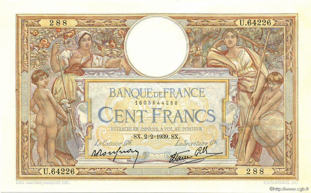 100 Francs LUC OLIVIER MERSON type modifié FRANKREICH  1939 F.25.41 fST