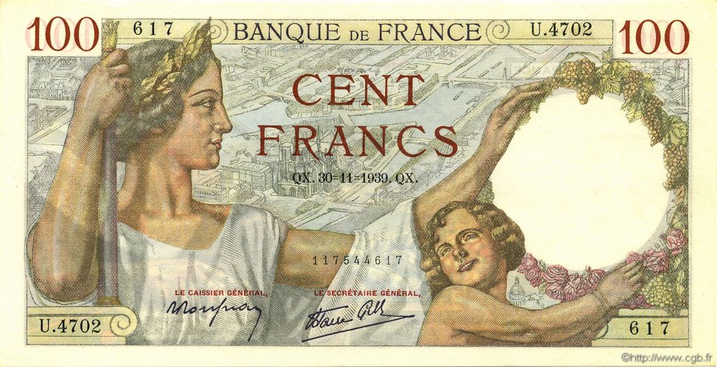 100 Francs SULLY FRANCE  1939 F.26.16 UNC-
