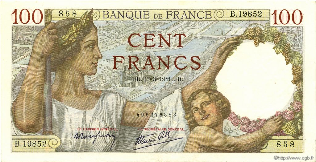100 Francs SULLY FRANCE  1941 F.26.48 AU+