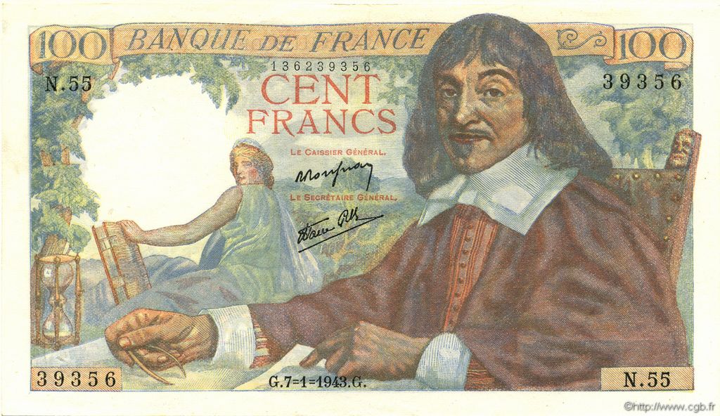 100 Francs DESCARTES FRANCIA  1943 F.27.03 SPL a AU
