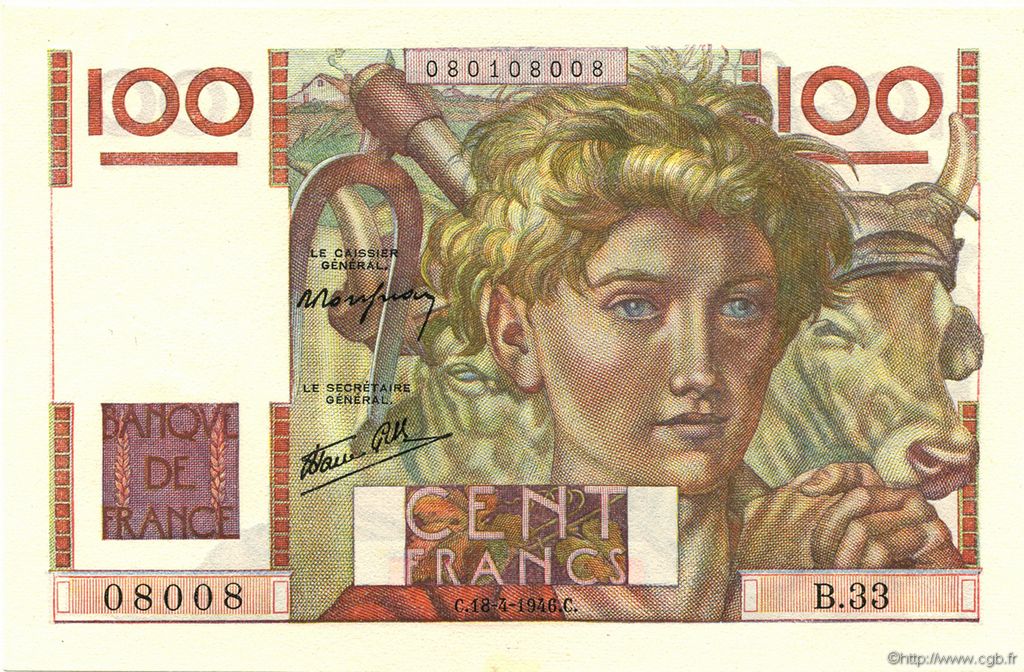 100 Francs JEUNE PAYSAN FRANKREICH  1946 F.28.03 fST+