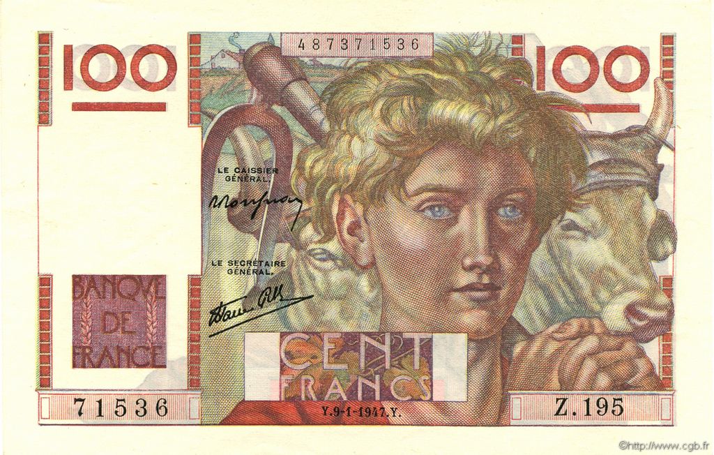 100 Francs JEUNE PAYSAN FRANCIA  1947 F.28.13 q.FDC