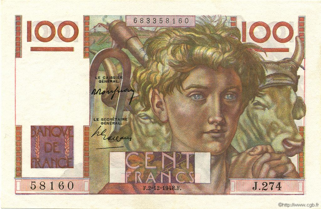 100 Francs JEUNE PAYSAN FRANCIA  1948 F.28.20 SC+