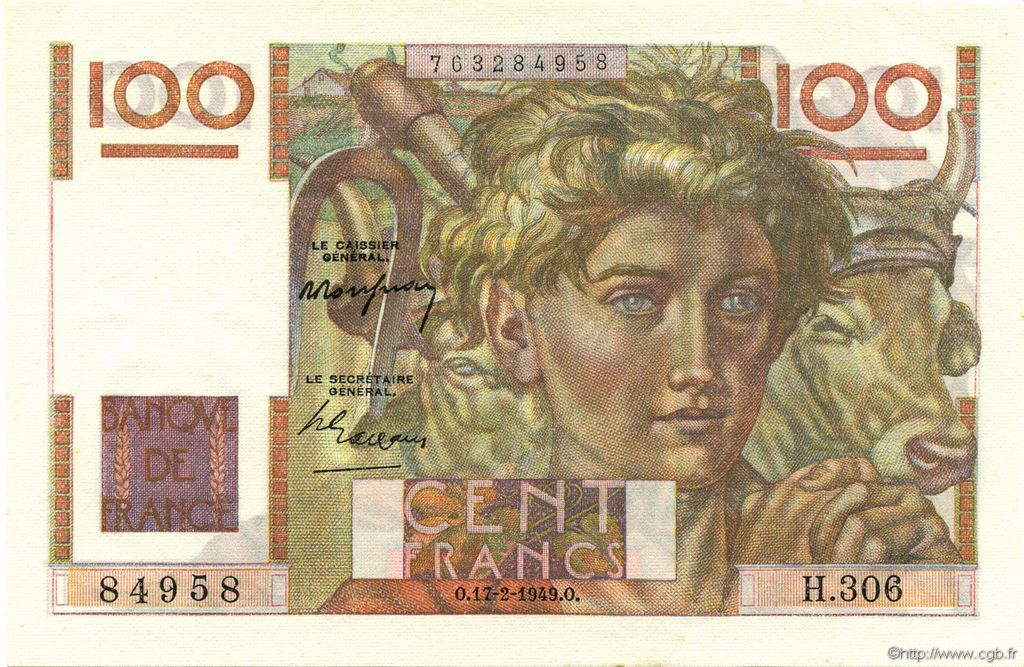 100 Francs JEUNE PAYSAN FRANCE  1949 F.28.22 UNC-
