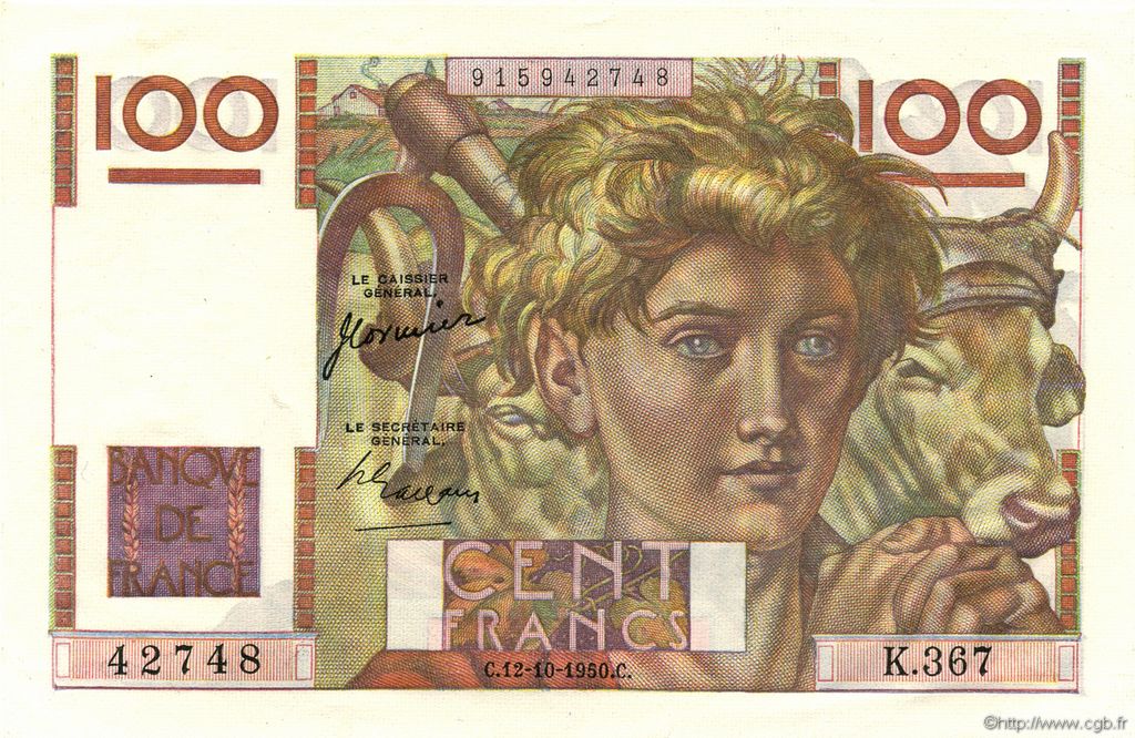 100 Francs JEUNE PAYSAN FRANKREICH  1950 F.28.27 fST+