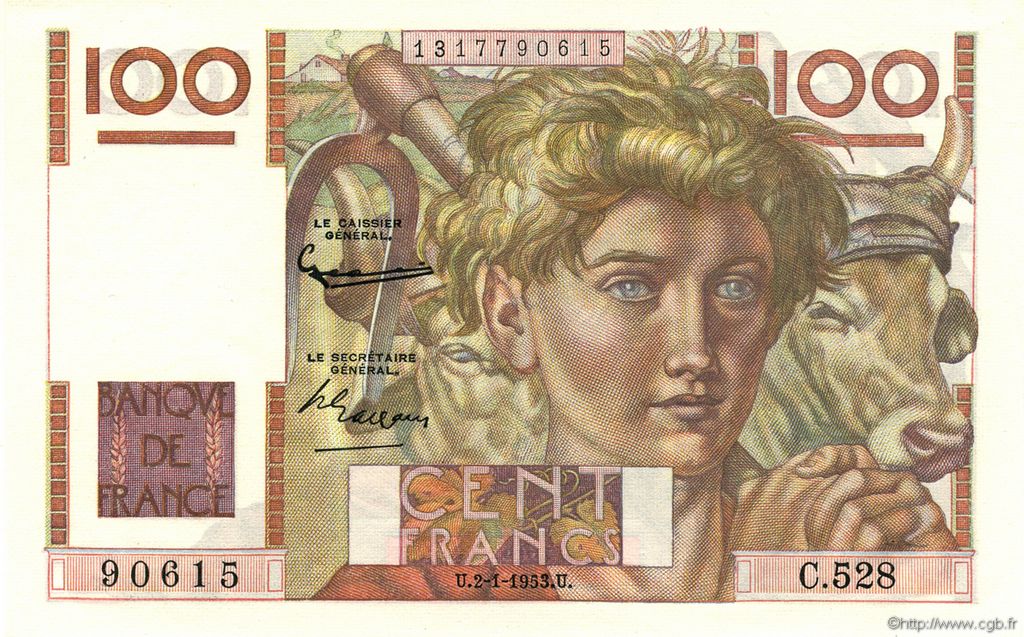 100 Francs JEUNE PAYSAN FRANKREICH  1953 F.28.35 ST