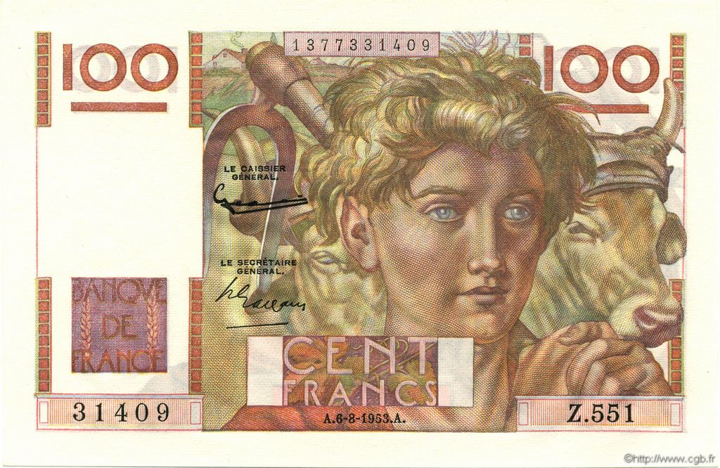 100 Francs JEUNE PAYSAN FRANCE  1953 F.28.38 UNC