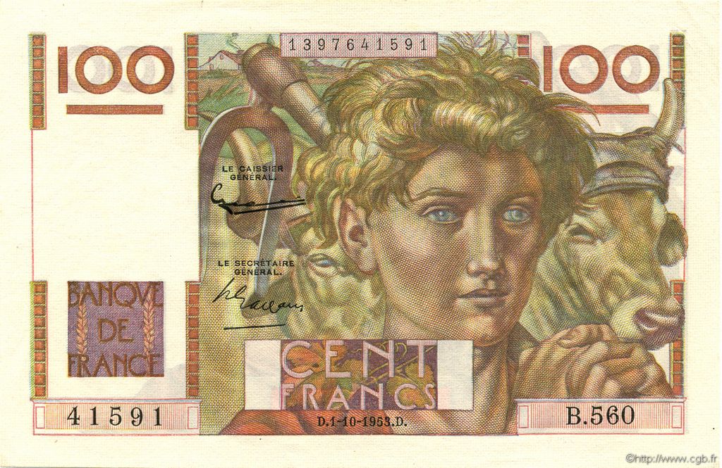 100 Francs JEUNE PAYSAN FRANCE  1953 F.28.39 pr.NEUF