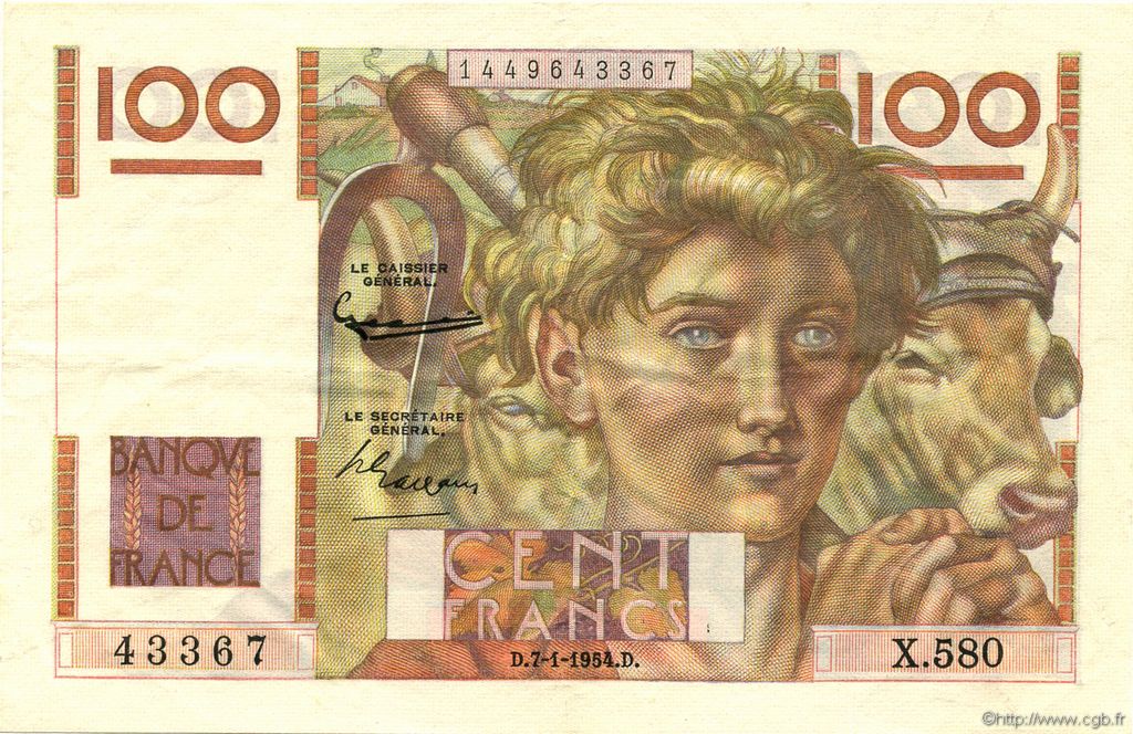 100 Francs JEUNE PAYSAN FRANCIA  1954 F.28.41 SPL