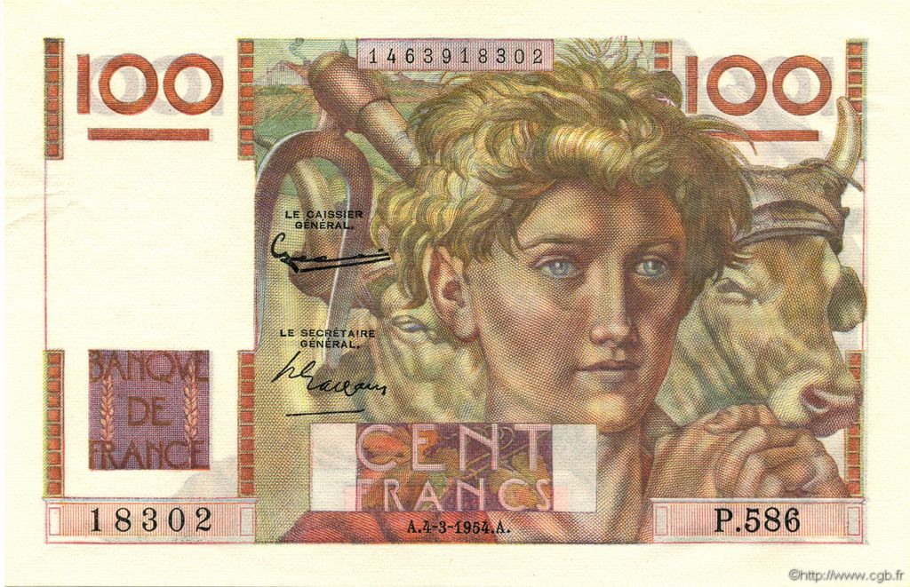 100 Francs JEUNE PAYSAN FRANCE  1954 F.28.42 UNC-