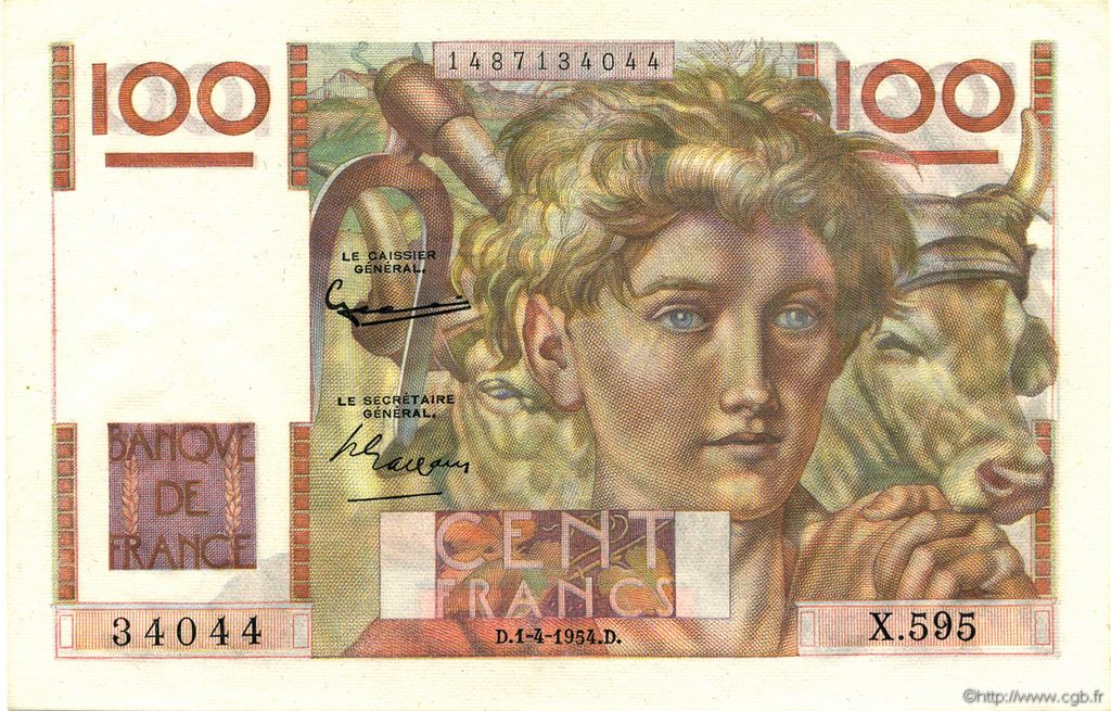 100 Francs JEUNE PAYSAN FRANCE  1954 F.28.43 UNC