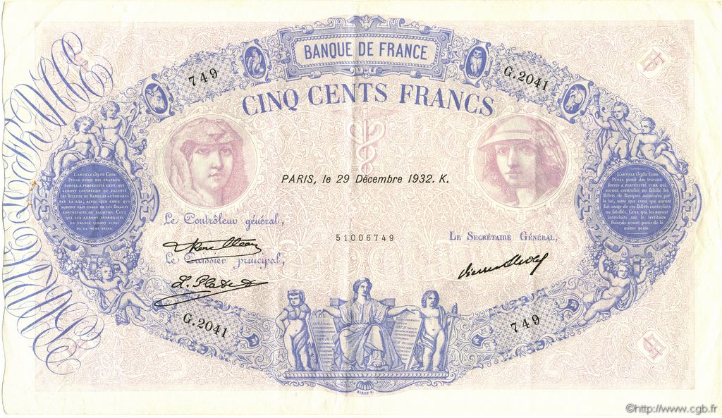 500 Francs BLEU ET ROSE FRANKREICH  1932 F.30.35 fVZ