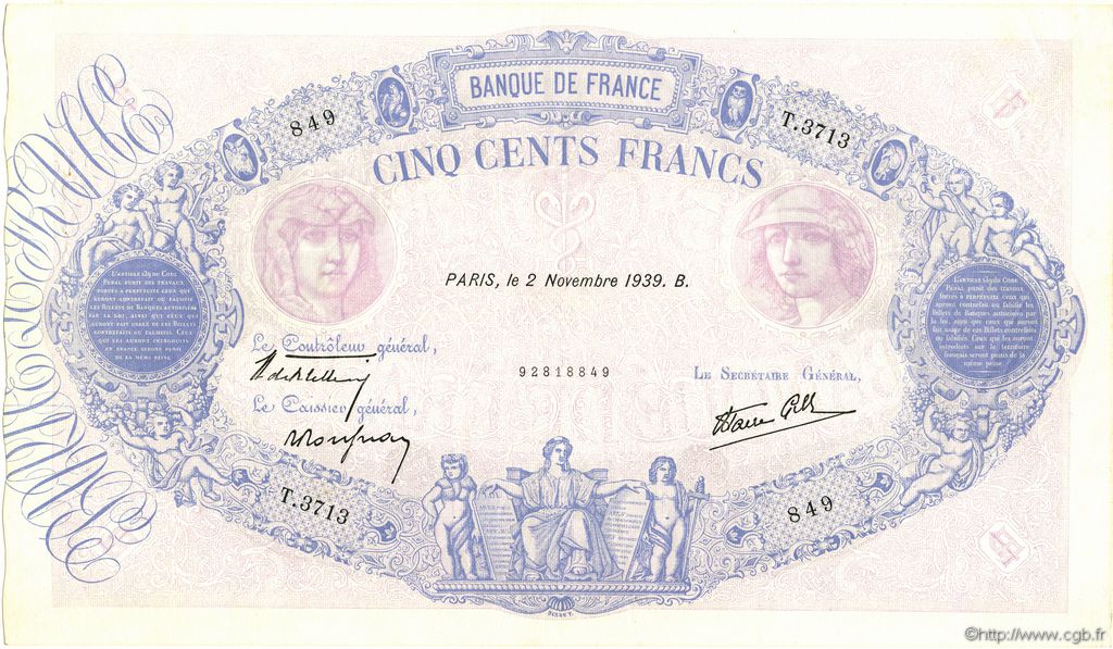500 Francs BLEU ET ROSE modifié FRANCIA  1939 F.31.46 SC