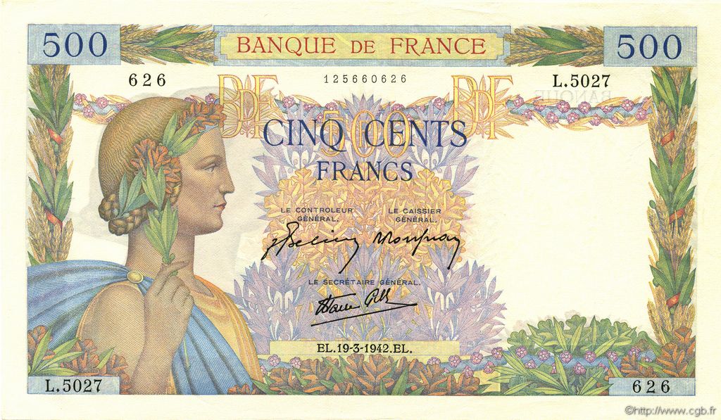 500 Francs LA PAIX FRANKREICH  1942 F.32.31 fST+