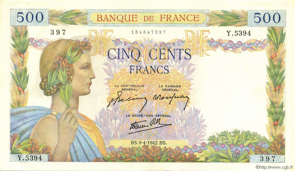 500 Francs LA PAIX FRANCE  1942 F.32.34 AU+