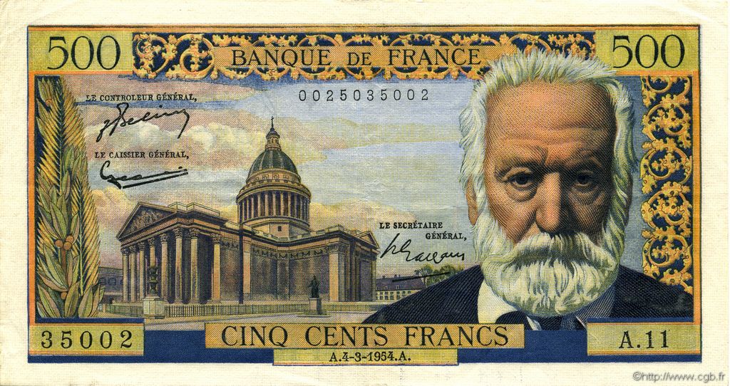 500 Francs VICTOR HUGO FRANCIA  1954 F.35.02 EBC