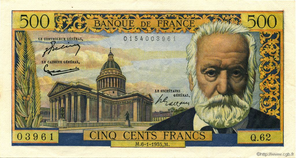 500 Francs VICTOR HUGO FRANCIA  1955 F.35.04 MBC a EBC