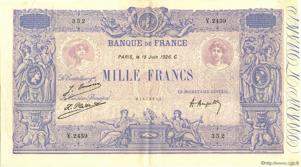 1000 Francs BLEU ET ROSE FRANCE  1926 F.36.42 XF+