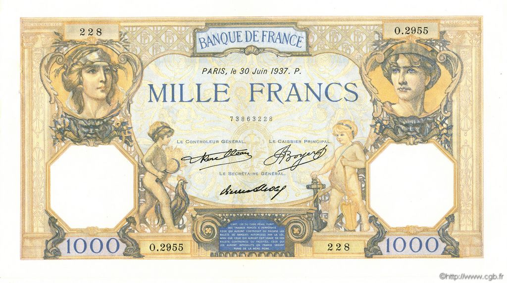 1000 Francs CÉRÈS ET MERCURE FRANCE  1937 F.37.10 SPL+