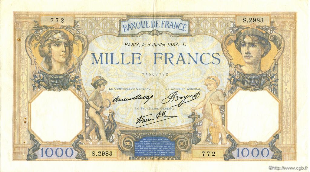 1000 Francs CÉRÈS ET MERCURE type modifié FRANKREICH  1937 F.38.01 SS
