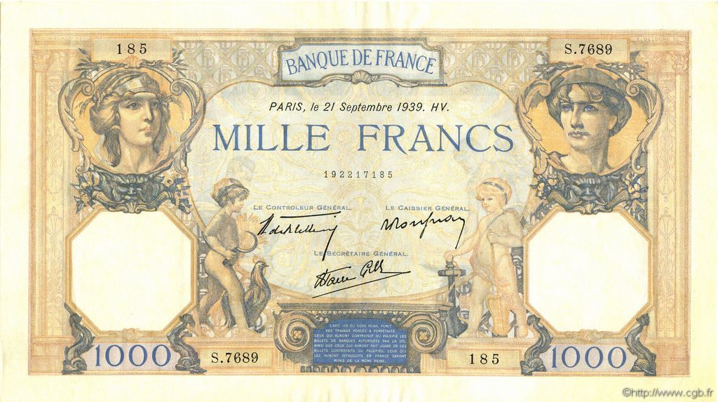 1000 Francs CÉRÈS ET MERCURE type modifié FRANKREICH  1939 F.38.37 fST+