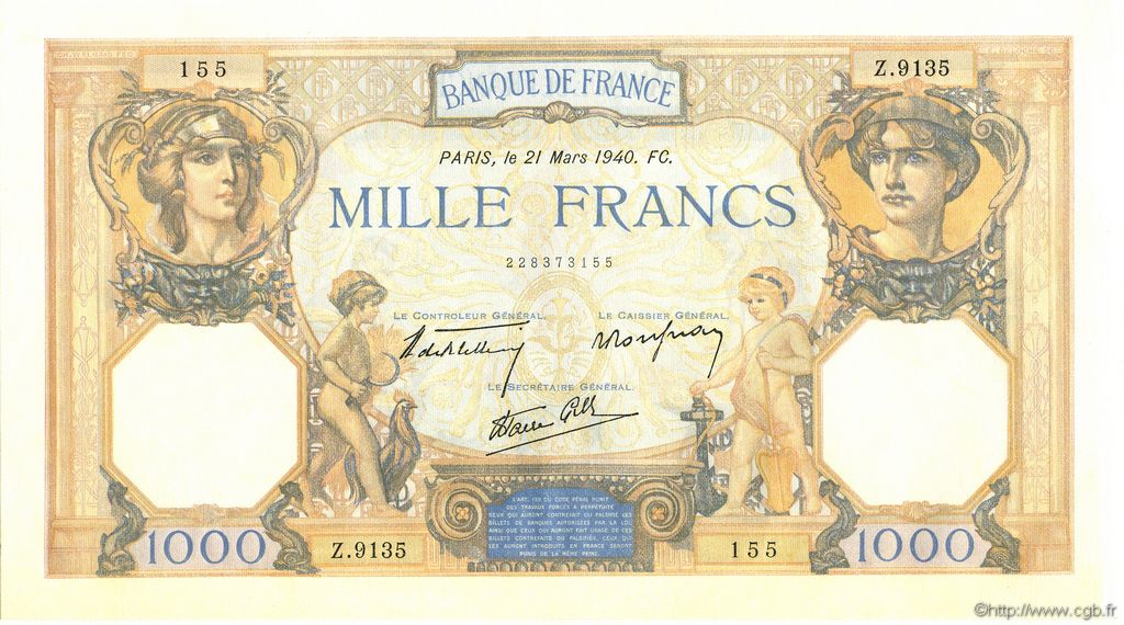 1000 Francs CÉRÈS ET MERCURE type modifié FRANCIA  1940 F.38.44 q.FDC