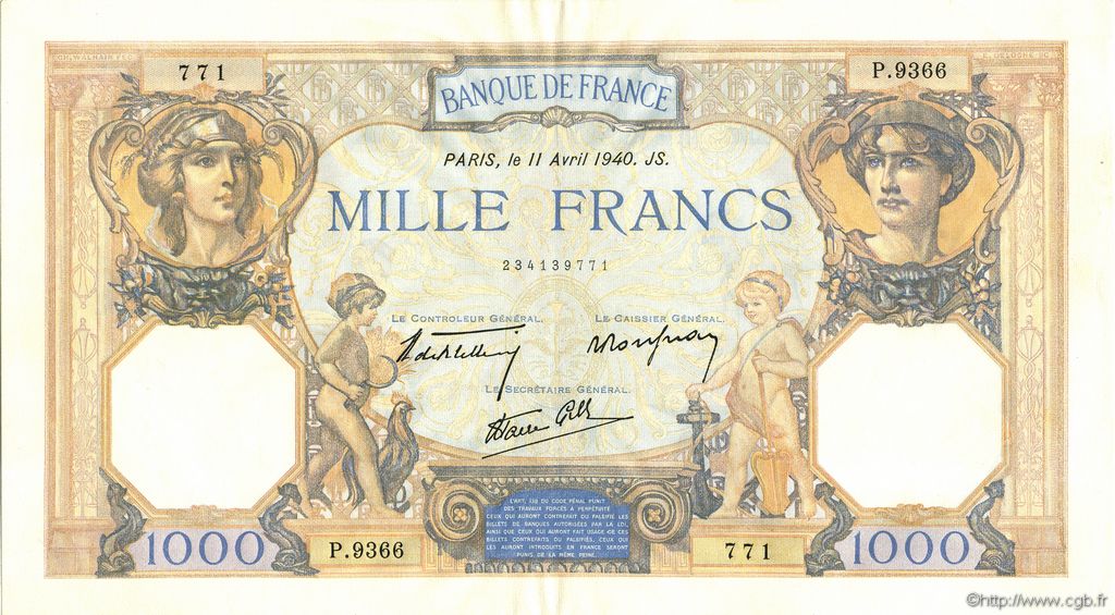1000 Francs CÉRÈS ET MERCURE type modifié FRANCE  1940 F.38.45 AU+