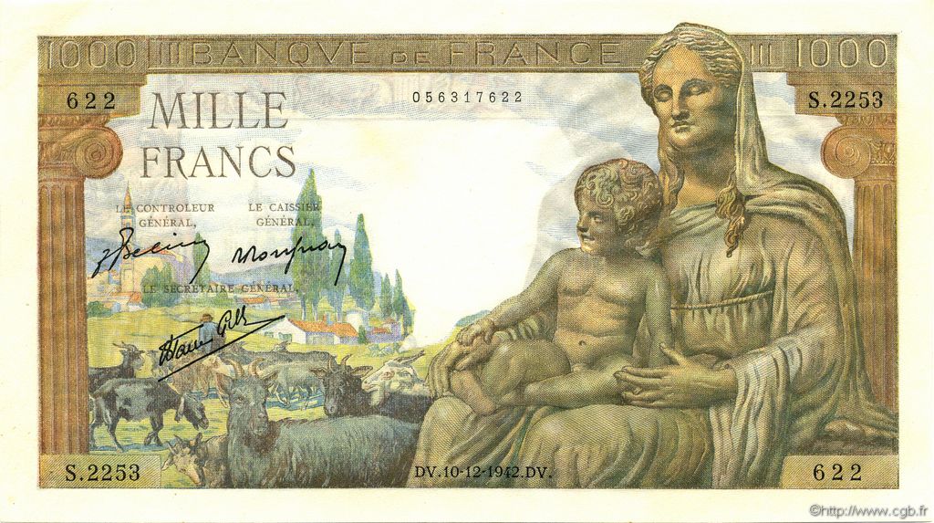 1000 Francs DÉESSE DÉMÉTER FRANCIA  1942 F.40.13 q.FDC