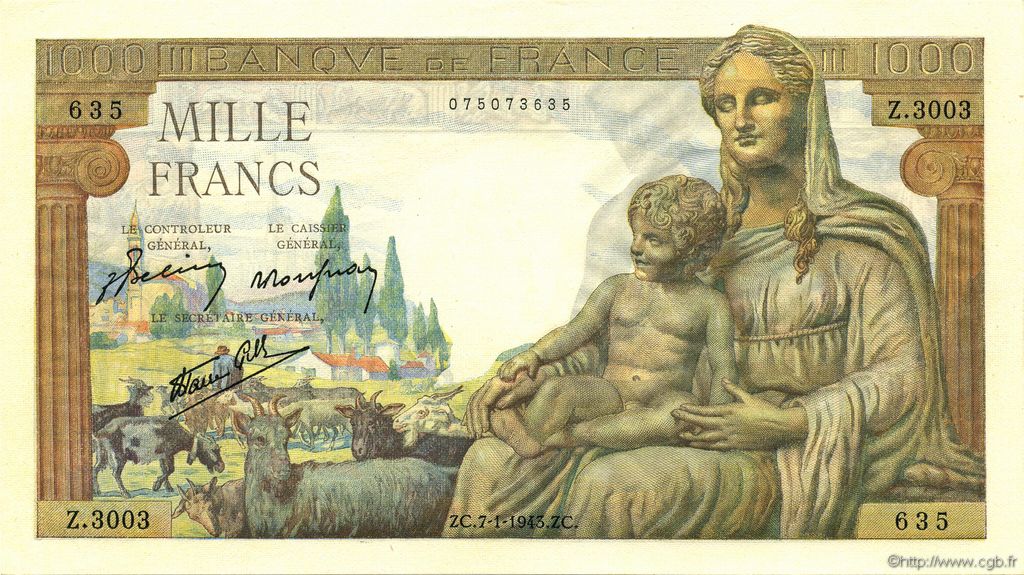 1000 Francs DÉESSE DÉMÉTER FRANCE  1943 F.40.15 UNC-