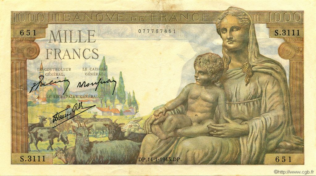 1000 Francs DÉESSE DÉMÉTER FRANCIA  1943 F.40.16 EBC