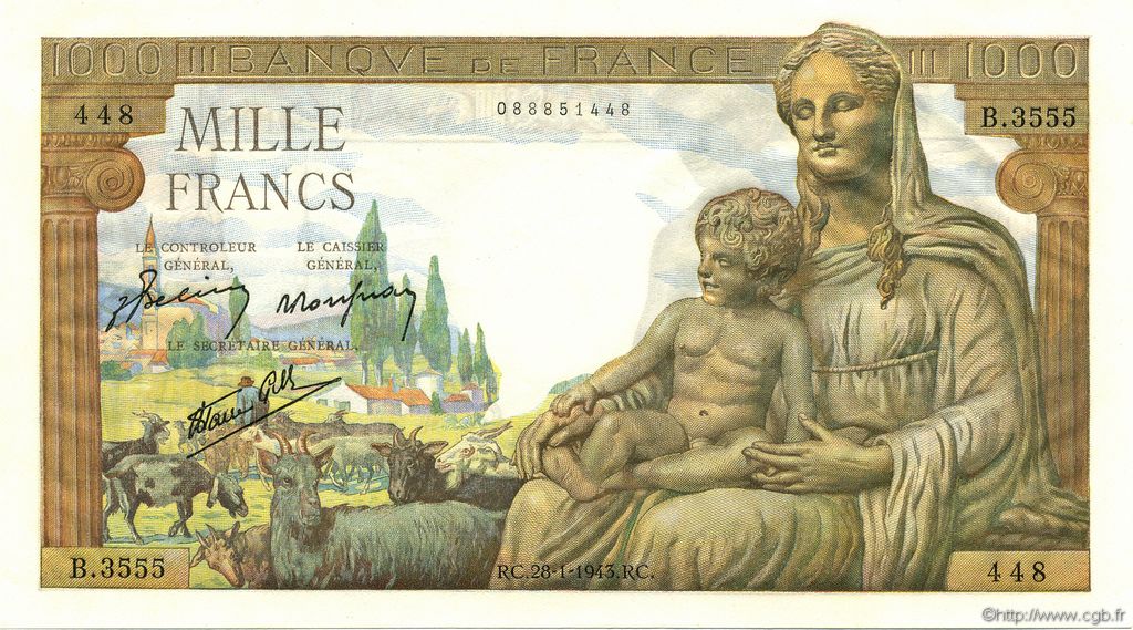 1000 Francs DÉESSE DÉMÉTER FRANCE  1943 F.40.17 pr.NEUF