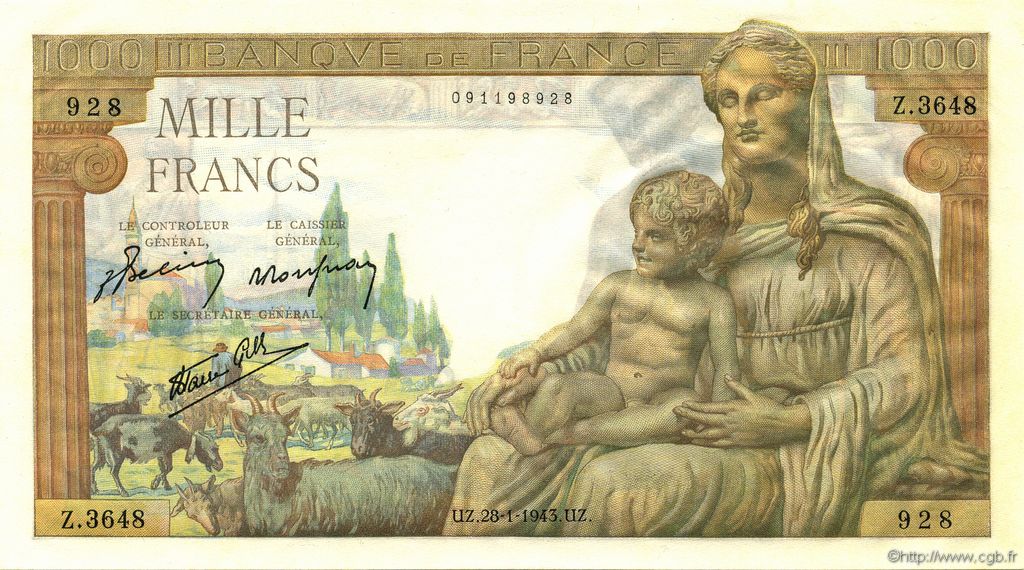 1000 Francs DÉESSE DÉMÉTER FRANCE  1943 F.40.17 UNC