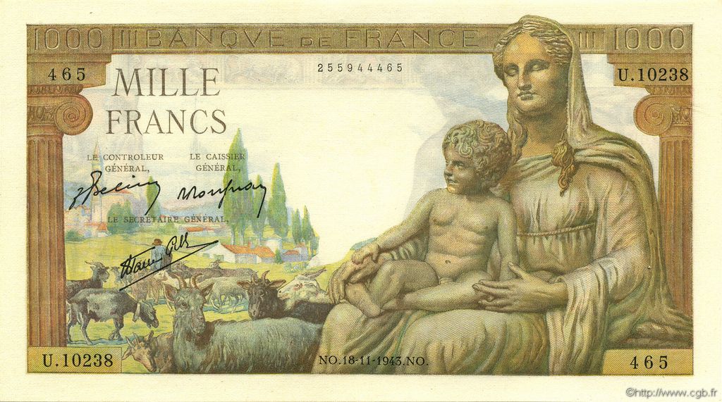 1000 Francs DÉESSE DÉMÉTER FRANCE  1943 F.40.40 UNC