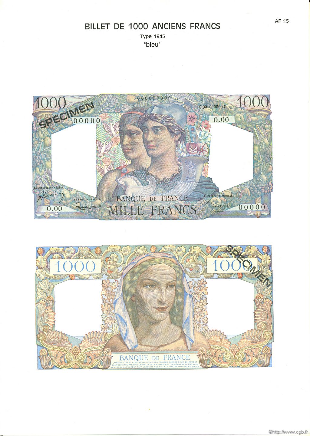 1000 Francs MINERVE ET HERCULE Planche FRANKREICH  1975 F.41pl ST