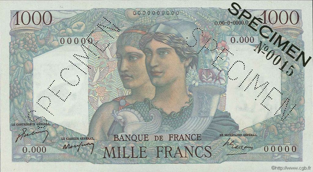 1000 Francs MINERVE ET HERCULE FRANKREICH  1948 F.41.19Spn fST+