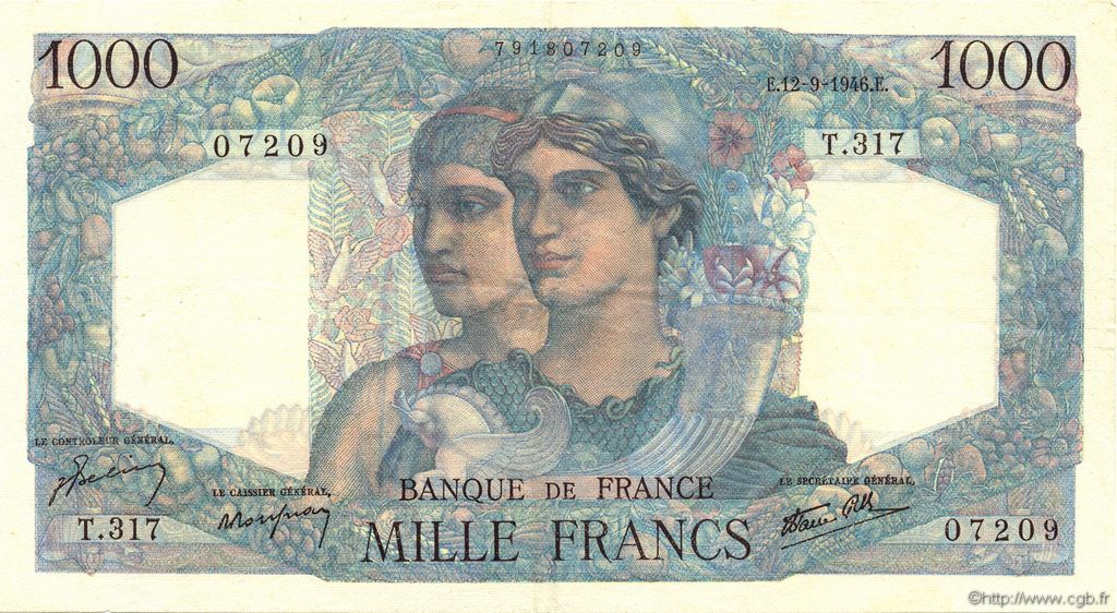 1000 Francs MINERVE ET HERCULE FRANKREICH  1946 F.41.16 VZ+