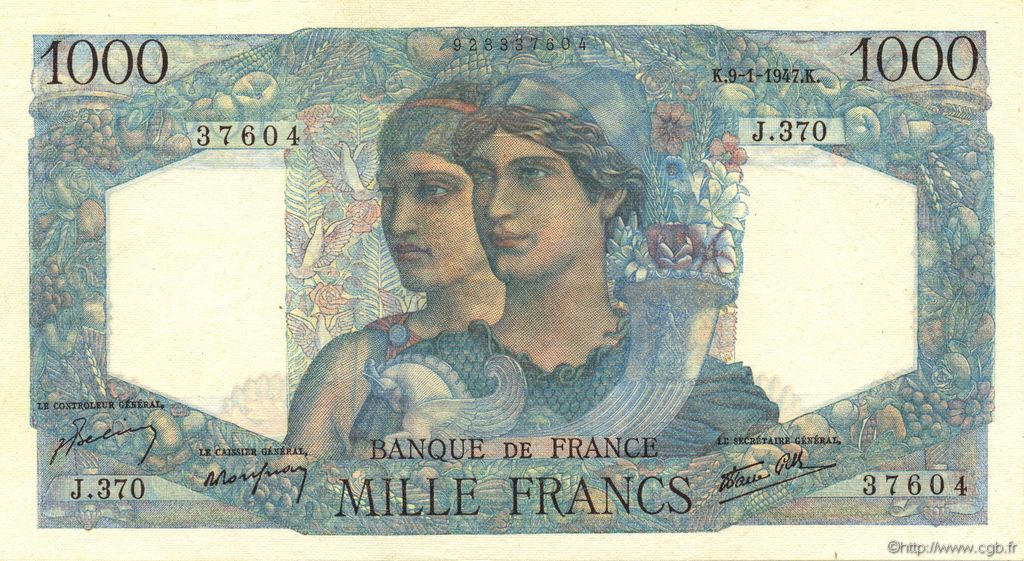 1000 Francs MINERVE ET HERCULE FRANCE  1947 F.41.18 UNC-