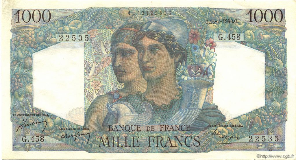 1000 Francs MINERVE ET HERCULE FRANCE  1948 F.41.22 AU-