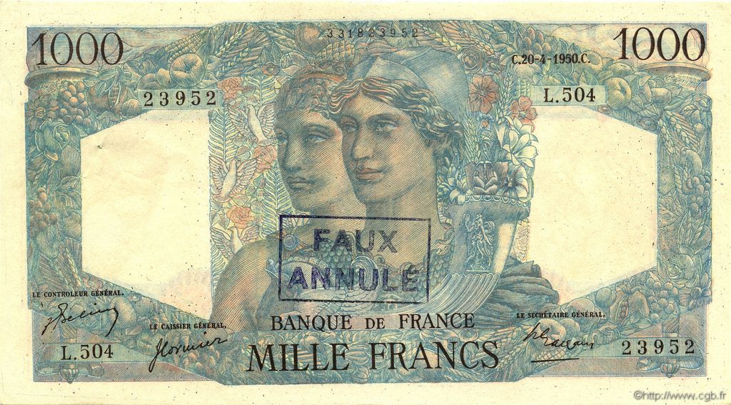 1000 Francs MINERVE ET HERCULE FRANCE  1950 F.41.32 AU