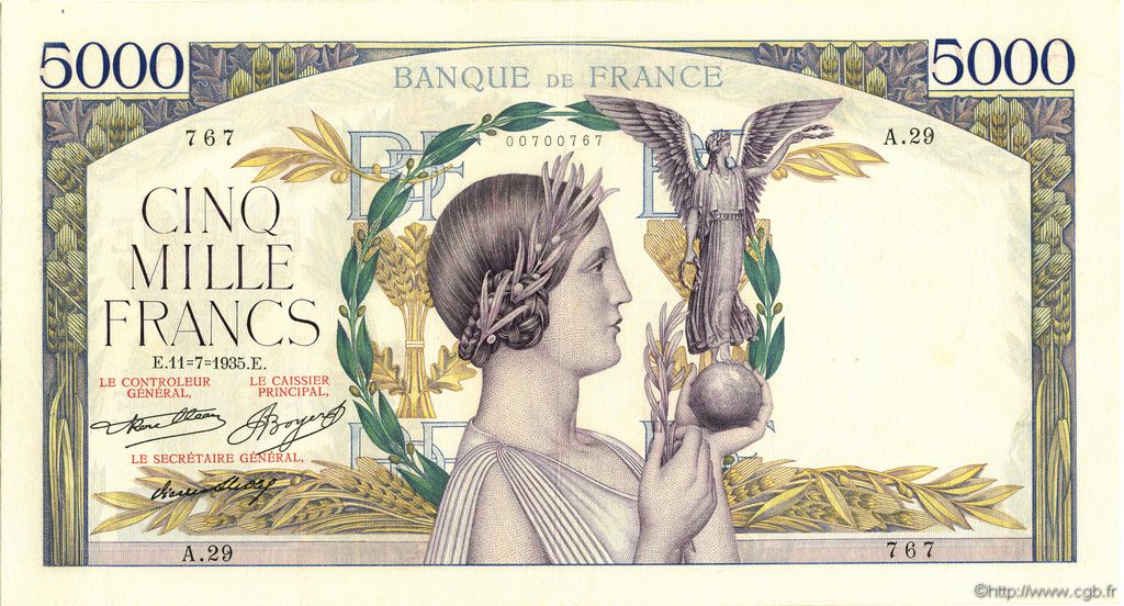 5000 Francs VICTOIRE FRANCE  1935 F.44.03 XF