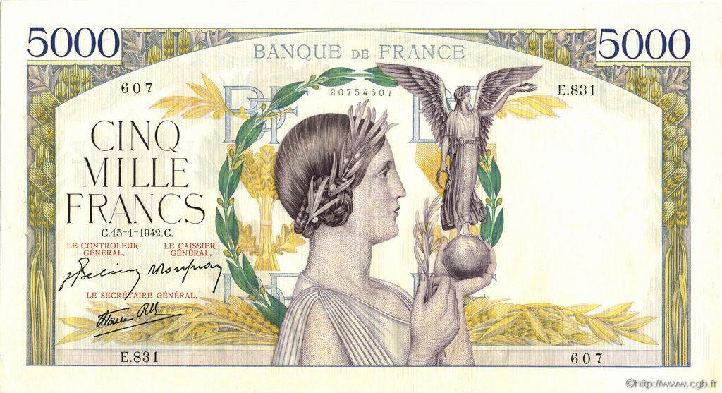 5000 Francs VICTOIRE Impression à plat FRANCIA  1942 F.46.33 q.AU