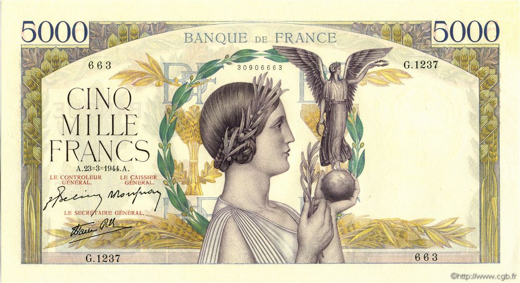 5000 Francs VICTOIRE Impression à plat FRANCE  1944 F.46.50 SPL