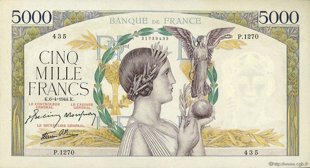 5000 Francs VICTOIRE Impression à plat FRANCIA  1944 F.46.51 MBC+
