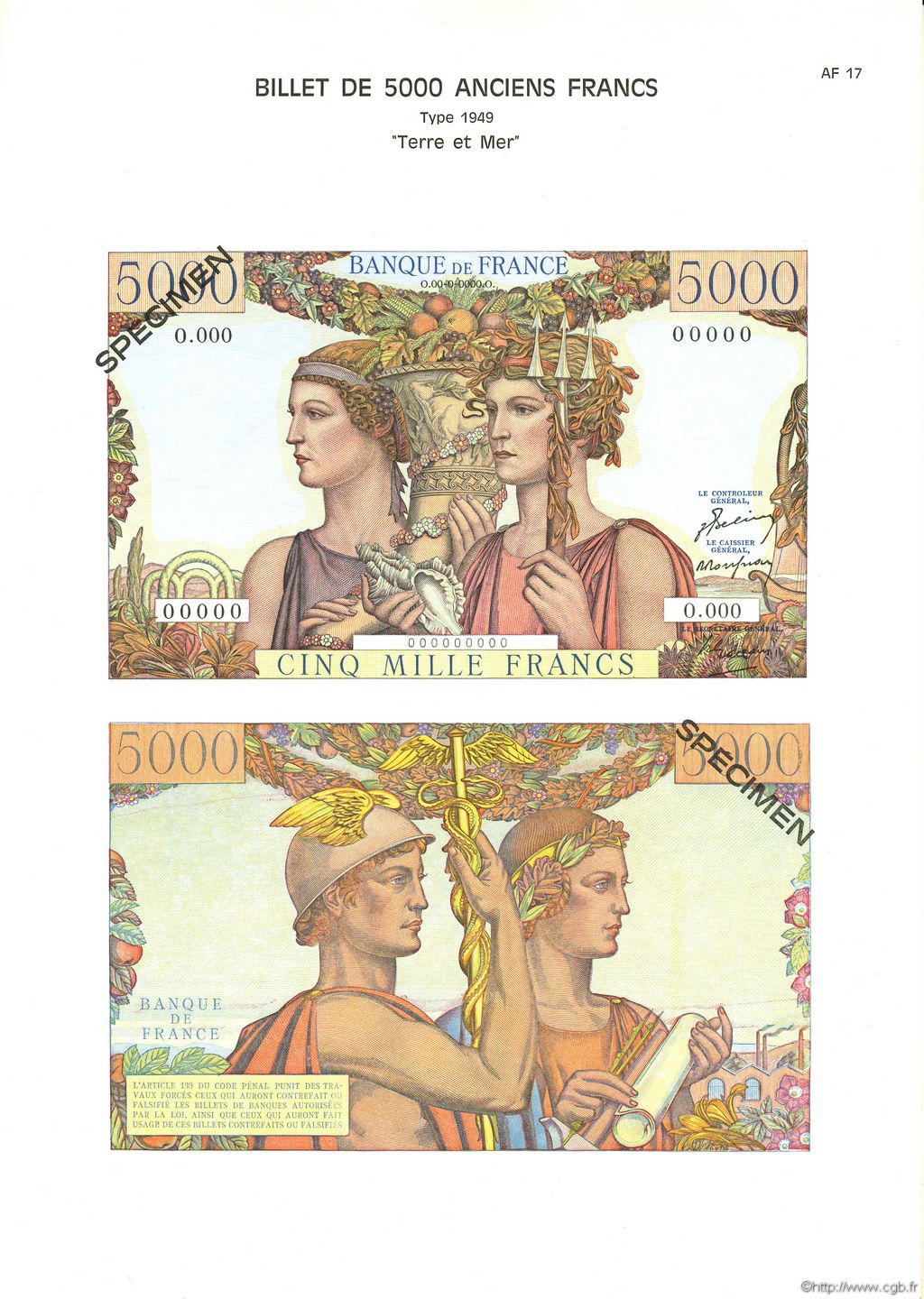 5000 Francs TERRE ET MER FRANCE  1975 F.48pl UNC