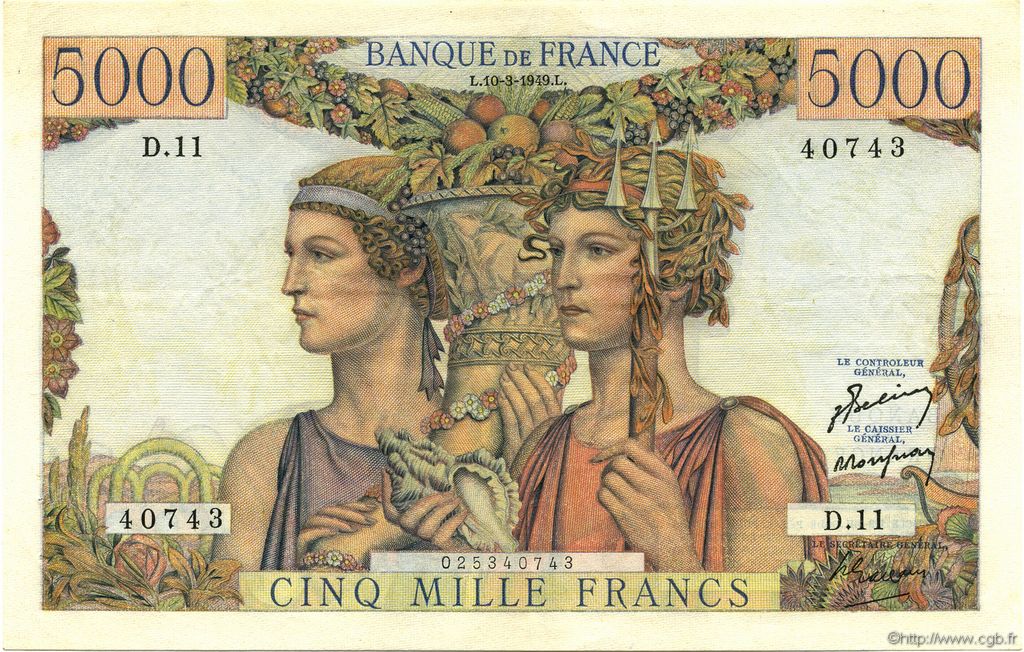 5000 Francs TERRE ET MER FRANCE  1949 F.48.01 XF+